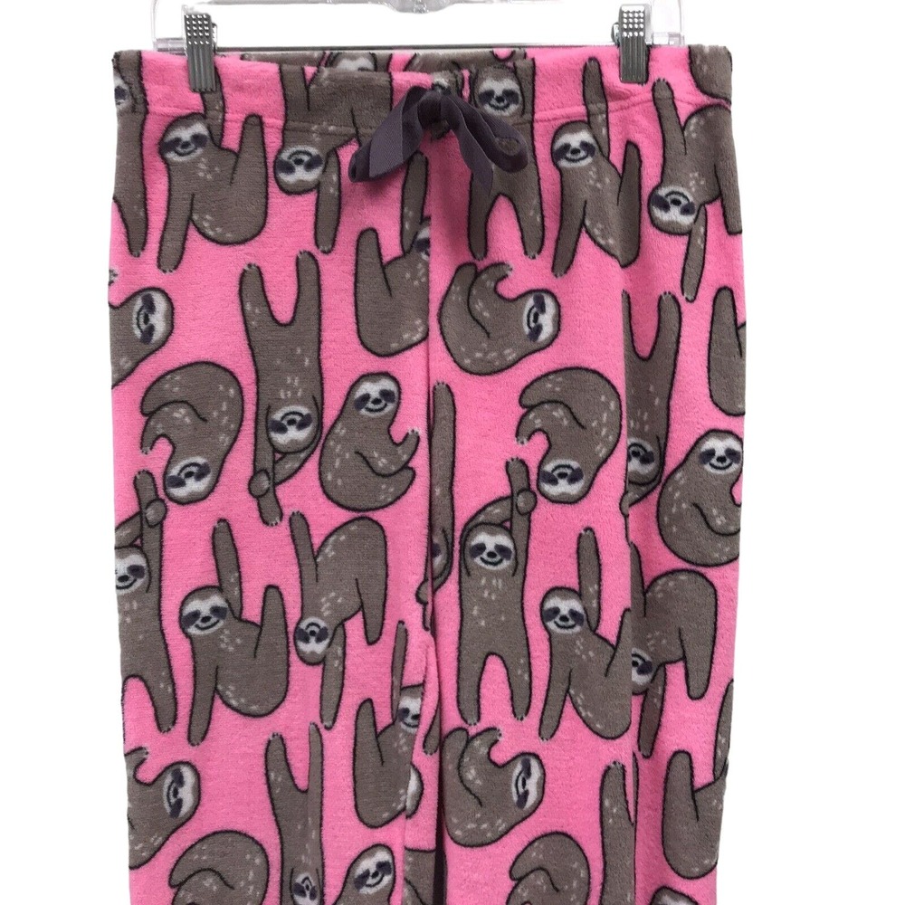 Coco Lounge Pants Womens Medium Pajama Sloth Pink Gray White Elastic Waist
